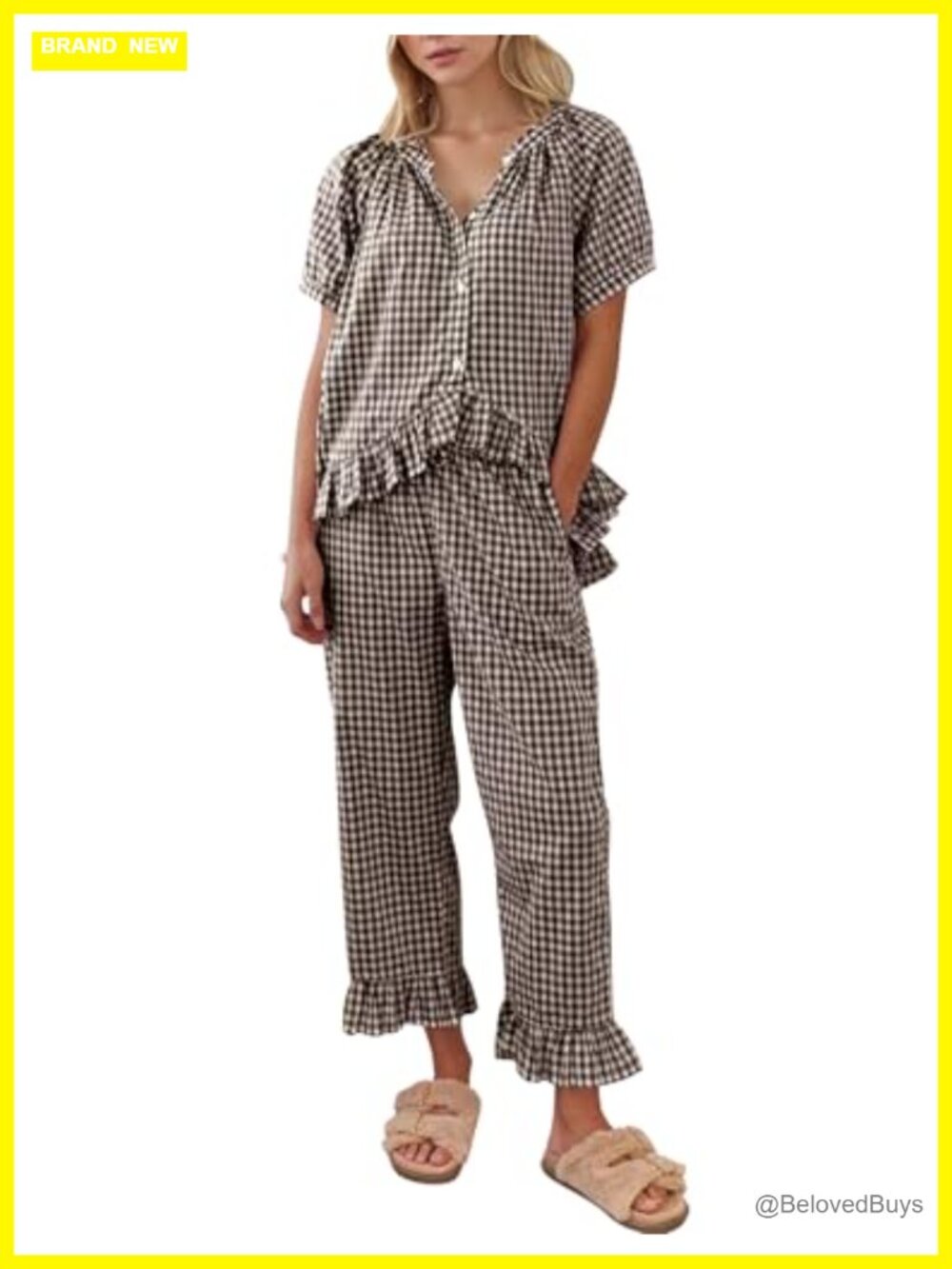100% Cotton Gingham Pajama Set Short Sleeve Lounge 2 Pc
